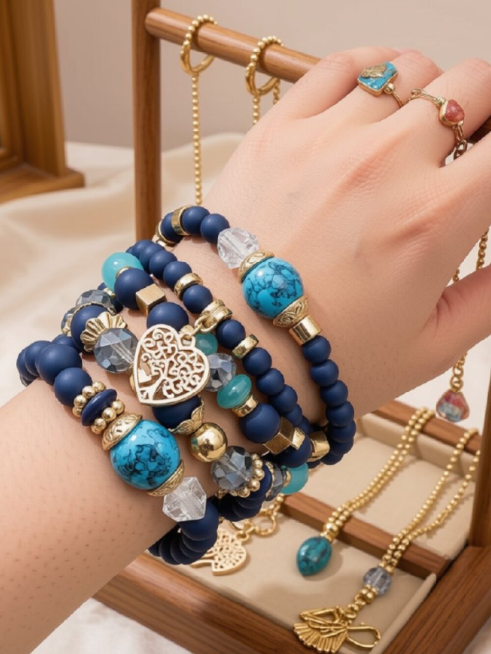 NWT Boho Blue Beaded Stackable Stretch Bracelet Set Heart Charm 4Pc